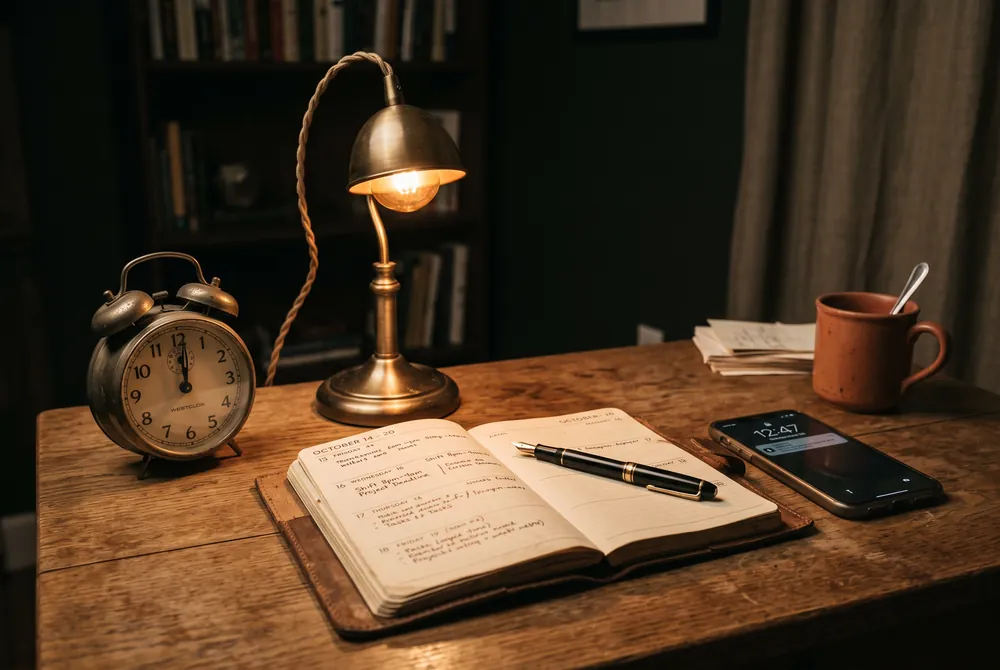 Femme organisant son planning de soirée pour le téléphone rose, agenda et téléphone sur un bureau