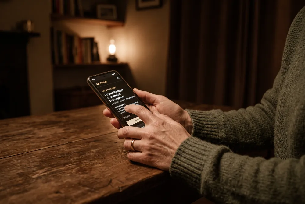 Téléphone et carnet posés sur un bureau le soir, ambiance recrutement à domicile