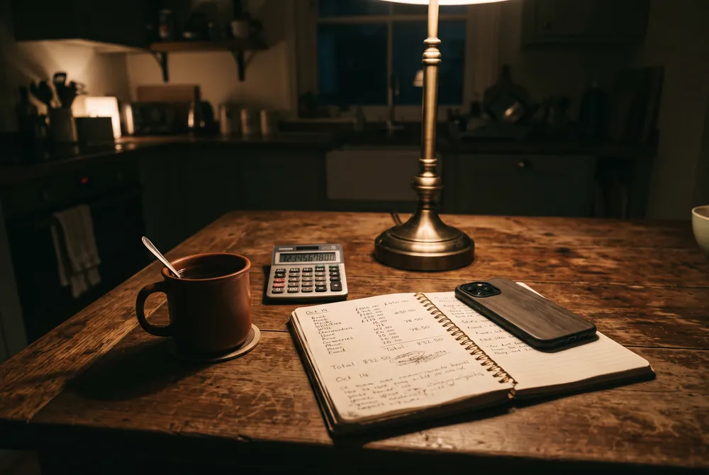 Table de cuisine la nuit : téléphone, carnet de comptes et calculatrice